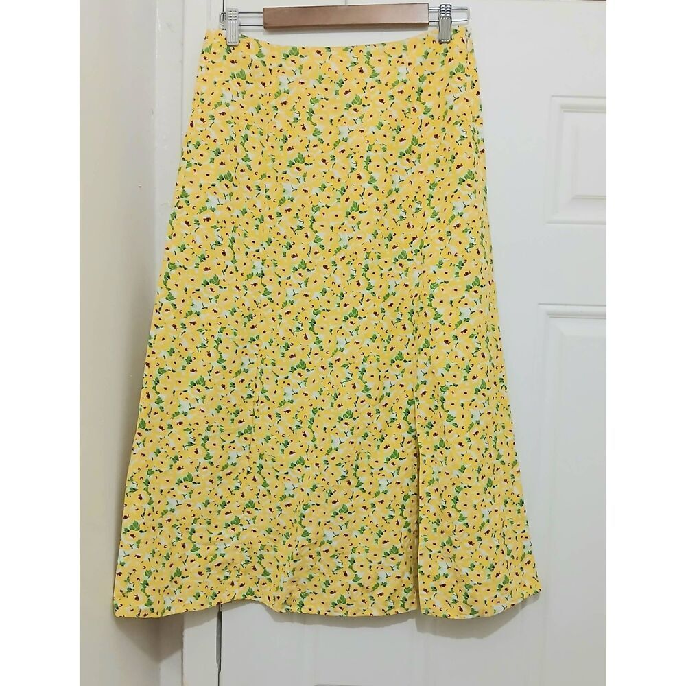 Ann Taylor womens size 4 linen viscose midi Poodle Skirt yellow green floral